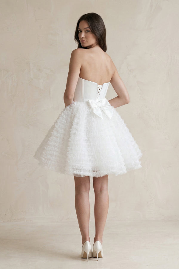 Strapless A - Line Corset Ruffled Tulle Wedding Dress in White - KISS BRIDAL Wedding Dresses
