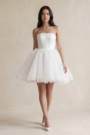 Strapless A - Line Corset Ruffled Tulle Wedding Dress in White - KISS BRIDAL Wedding Dresses
