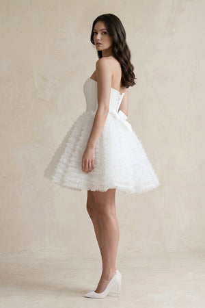 Strapless A - Line Corset Ruffled Tulle Wedding Dress in White - KISS BRIDAL Wedding Dresses