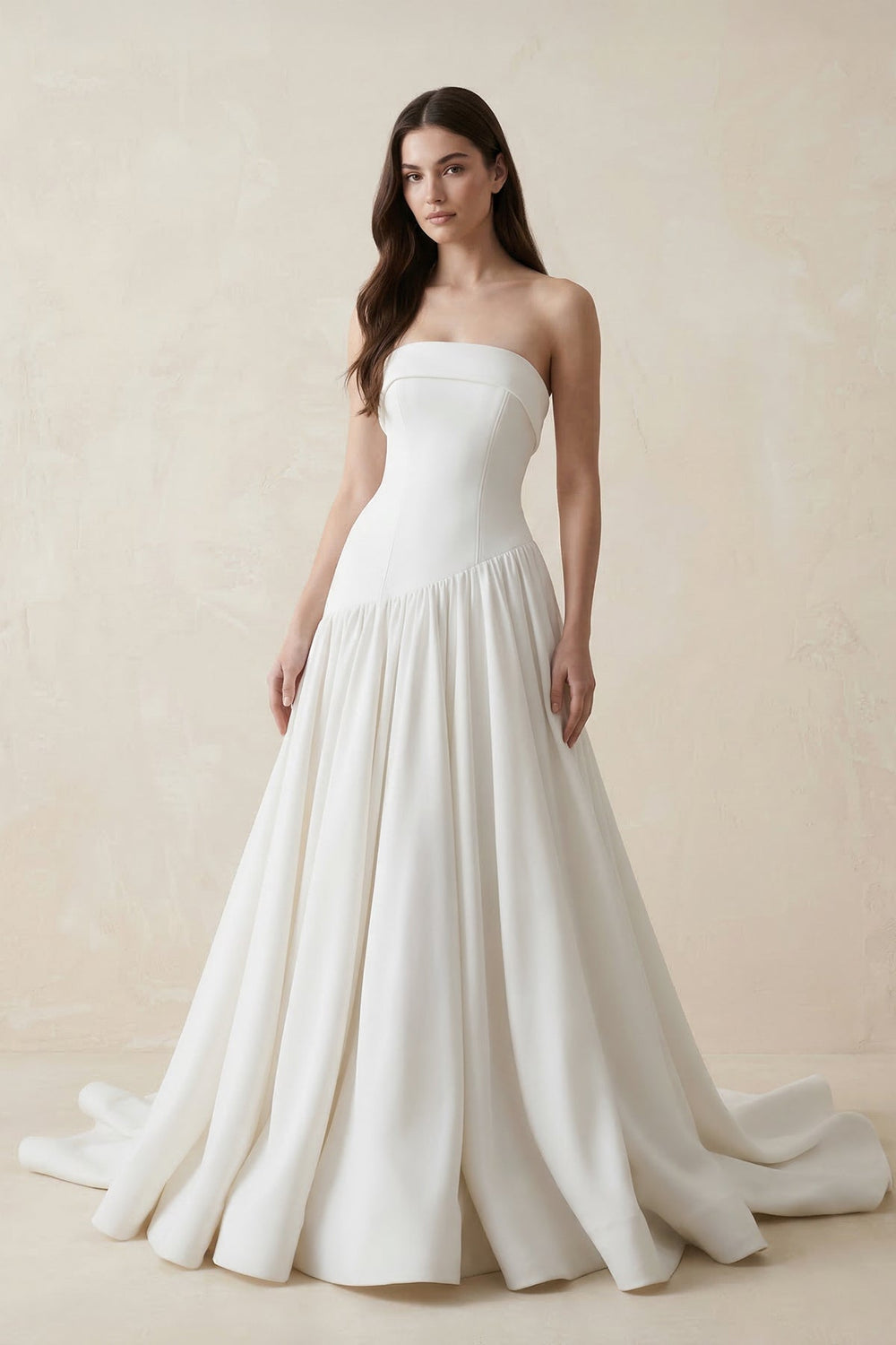 Strapless A-line Crepe Pleated Wedding Dress in White