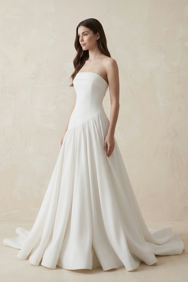 Strapless A - line Crepe Pleated Wedding Dress in White - KISS BRIDAL Wedding Dresses