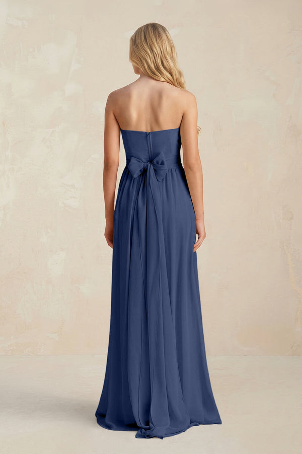Strapless A - Line Pleated Chiffon Bridesmaid Dress With Slit in Navy - KISS BRIDAL Bridesmaid Dresses