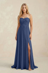 Strapless A - Line Pleated Chiffon Bridesmaid Dress With Slit in Navy - KISS BRIDAL Bridesmaid Dresses