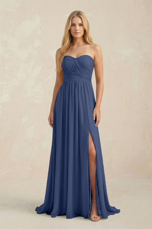 Strapless A - Line Pleated Chiffon Bridesmaid Dress With Slit in Navy - KISS BRIDAL Bridesmaid Dresses