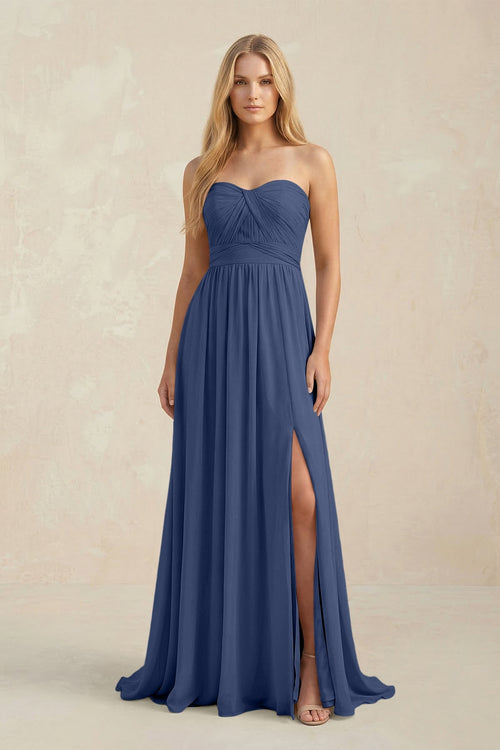 Strapless A - Line Pleated Chiffon Bridesmaid Dress With Slit in Navy - KISS BRIDAL Bridesmaid Dresses