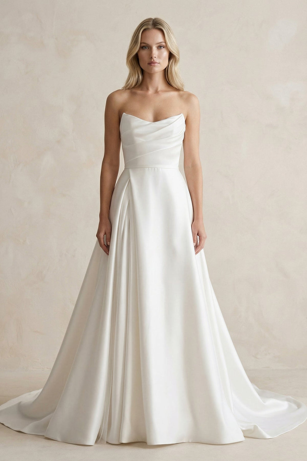 Strapless A-Line Ruched Satin Wedding Dress in White