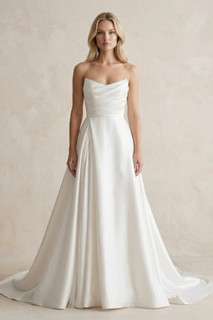 Strapless A - Line Ruched Satin Wedding Dress in White - KISS BRIDAL Wedding Dresses