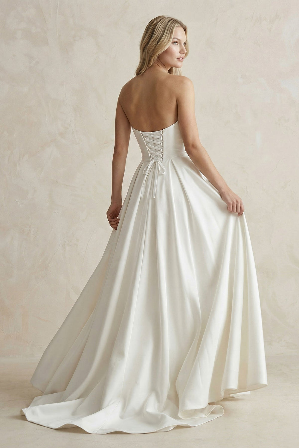 Strapless A-Line Ruched Satin Wedding Dress in White