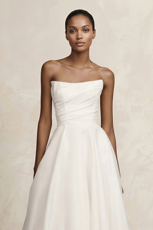 Strapless A - Line Satin Ruched Wedding Dress in Ivory - KISS BRIDAL Wedding Dresses