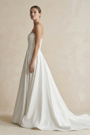 Strapless A - Line Satin Ruched Wedding Dress in White - KISS BRIDAL Wedding Dresses