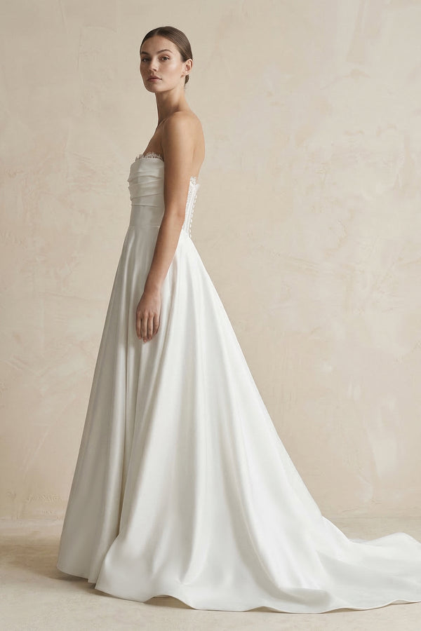 Strapless A - Line Satin Ruched Wedding Dress in White - KISS BRIDAL Wedding Dresses