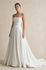 Strapless A - Line Satin Ruched Wedding Dress in White - KISS BRIDAL Wedding Dresses