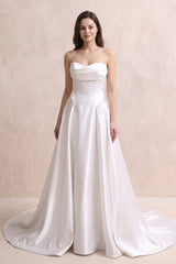 Strapless A - Line Satin Ruched Wedding Dress in White - KISS BRIDAL Wedding Dresses