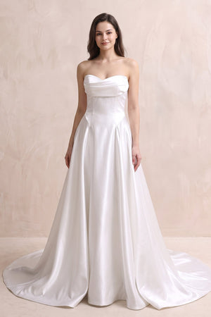 Strapless A - Line Satin Ruched Wedding Dress in White - KISS BRIDAL Wedding Dresses