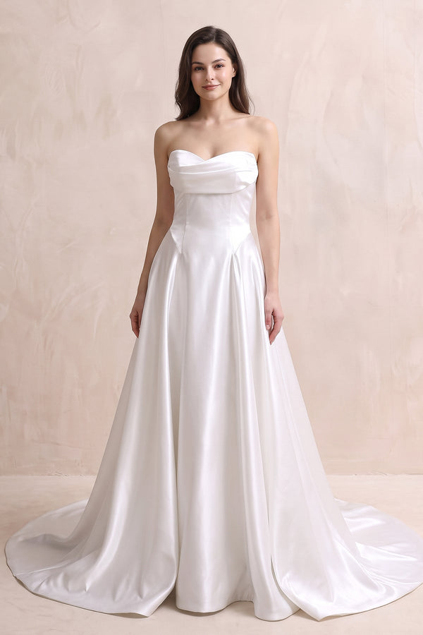 Strapless A - Line Satin Ruched Wedding Dress in White - KISS BRIDAL Wedding Dresses
