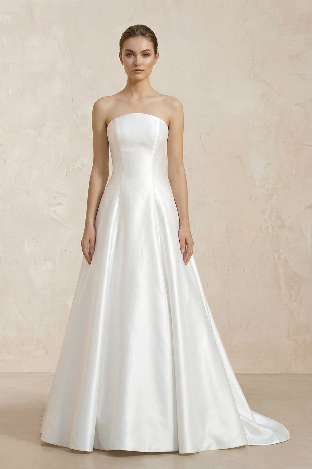 Strapless A-Line Satin Ruched Wedding Dress With Lace Appliques in White