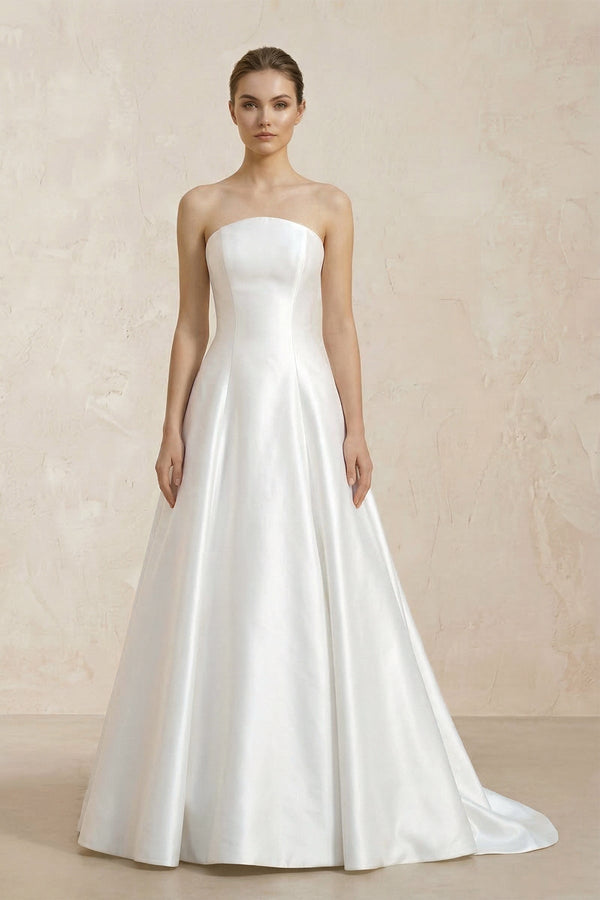 Strapless A - Line Satin Ruched Wedding Dress With Lace Appliques in White - KISS BRIDAL Wedding Dresses