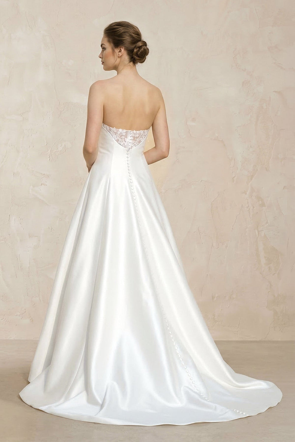 Strapless A-Line Satin Ruched Wedding Dress With Lace Appliques in White