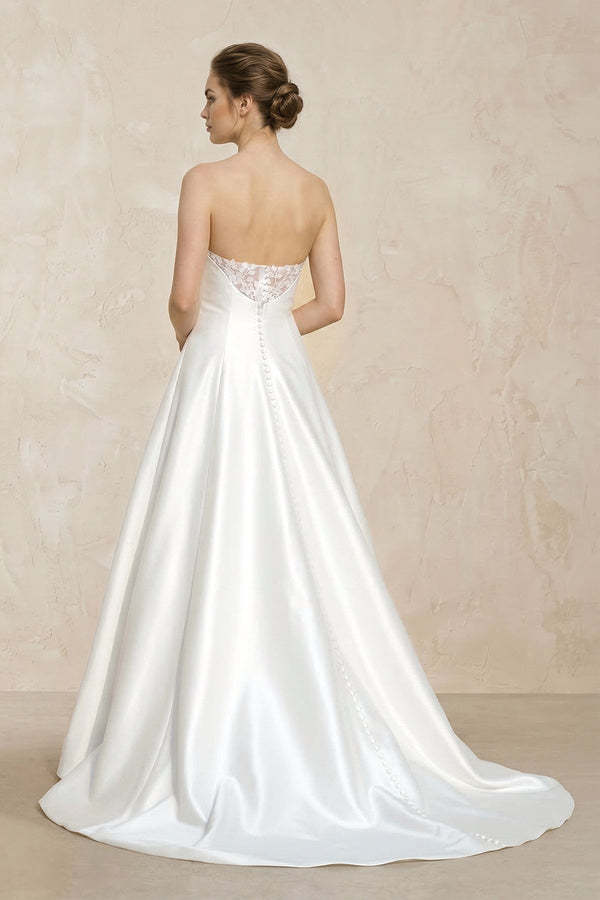 Strapless A - Line Satin Ruched Wedding Dress With Lace Appliques in White - KISS BRIDAL Wedding Dresses