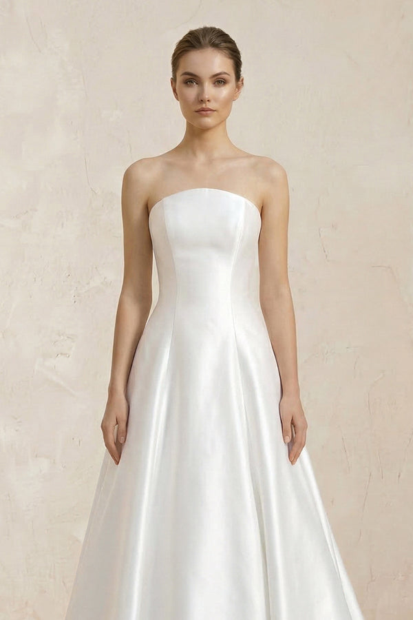 Strapless A - Line Satin Ruched Wedding Dress With Lace Appliques in White - KISS BRIDAL Wedding Dresses