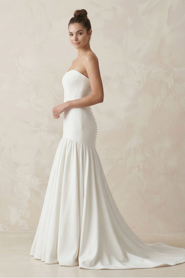 Strapless A - Line Satin Ruffled Wedding Dress in White - KISS BRIDAL Wedding Dresses