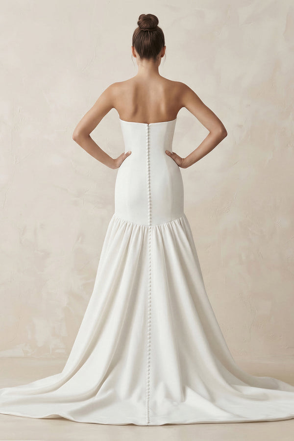 Strapless A - Line Satin Ruffled Wedding Dress in White - KISS BRIDAL Wedding Dresses