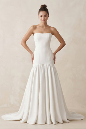 Strapless A - Line Satin Ruffled Wedding Dress in White - KISS BRIDAL Wedding Dresses