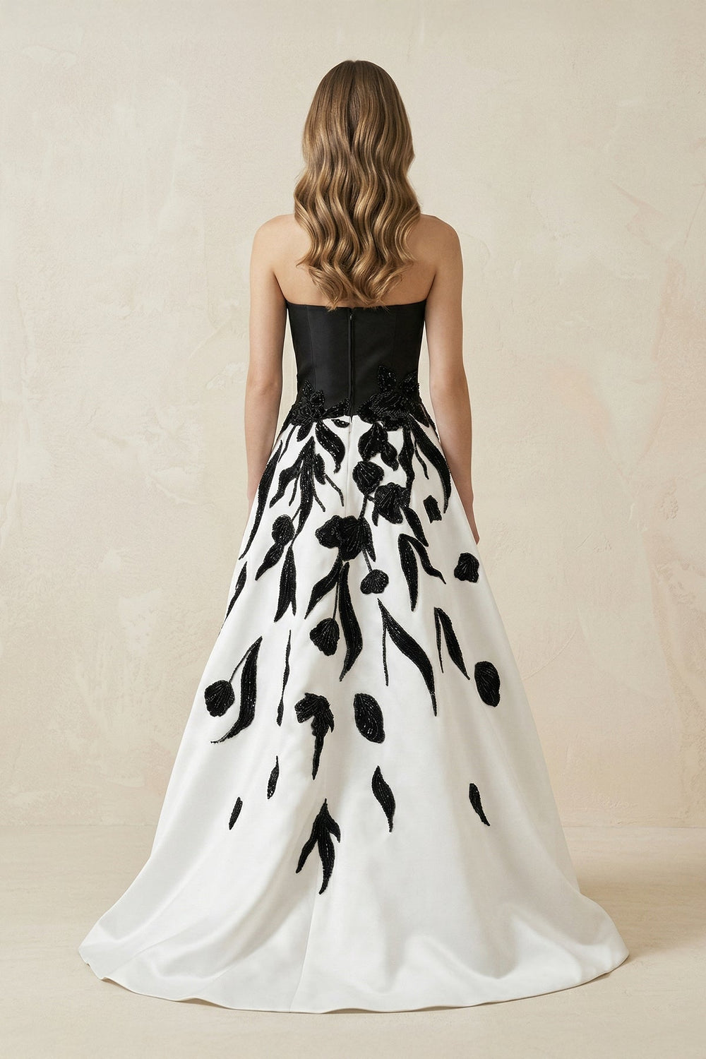 Strapless A-Line Satin Sequins Wedding Dress in Black and White