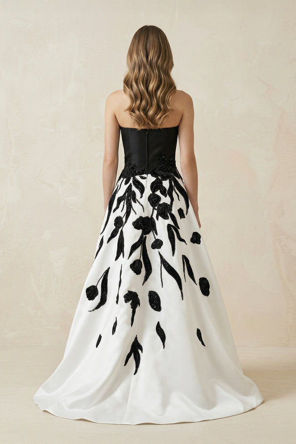Strapless A - Line Satin Sequins Wedding Dress in Black and White - KISS BRIDAL Wedding Dresses