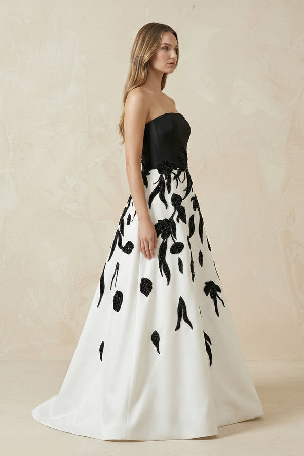 Strapless A - Line Satin Sequins Wedding Dress in Black and White - KISS BRIDAL Wedding Dresses
