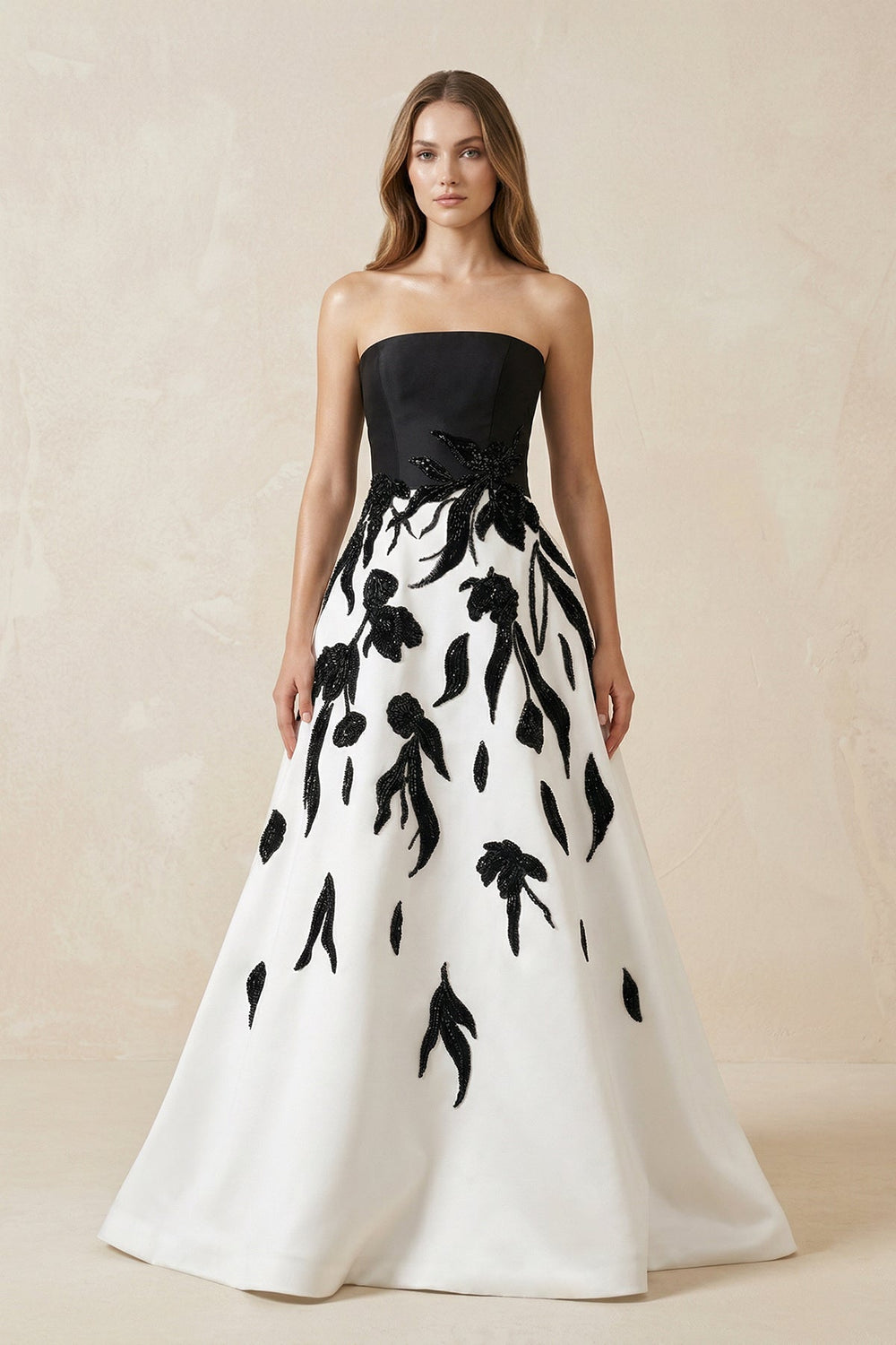 Strapless A-Line Satin Sequins Wedding Dress in Black and White