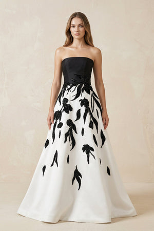Strapless A - Line Satin Sequins Wedding Dress in Black and White - KISS BRIDAL Wedding Dresses