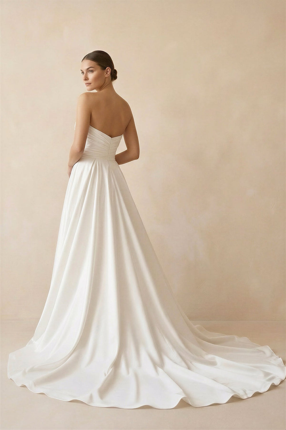 Strapless A Line Satin Wedding Dress With Slit in Ivory