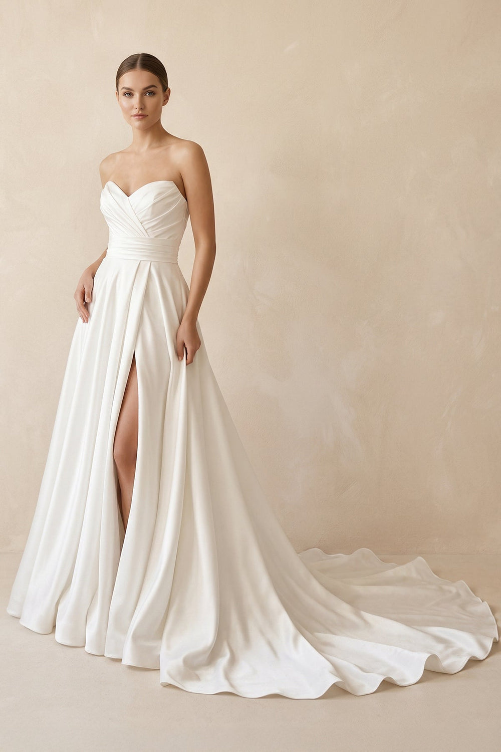Strapless A Line Satin Wedding Dress With Slit in Ivory