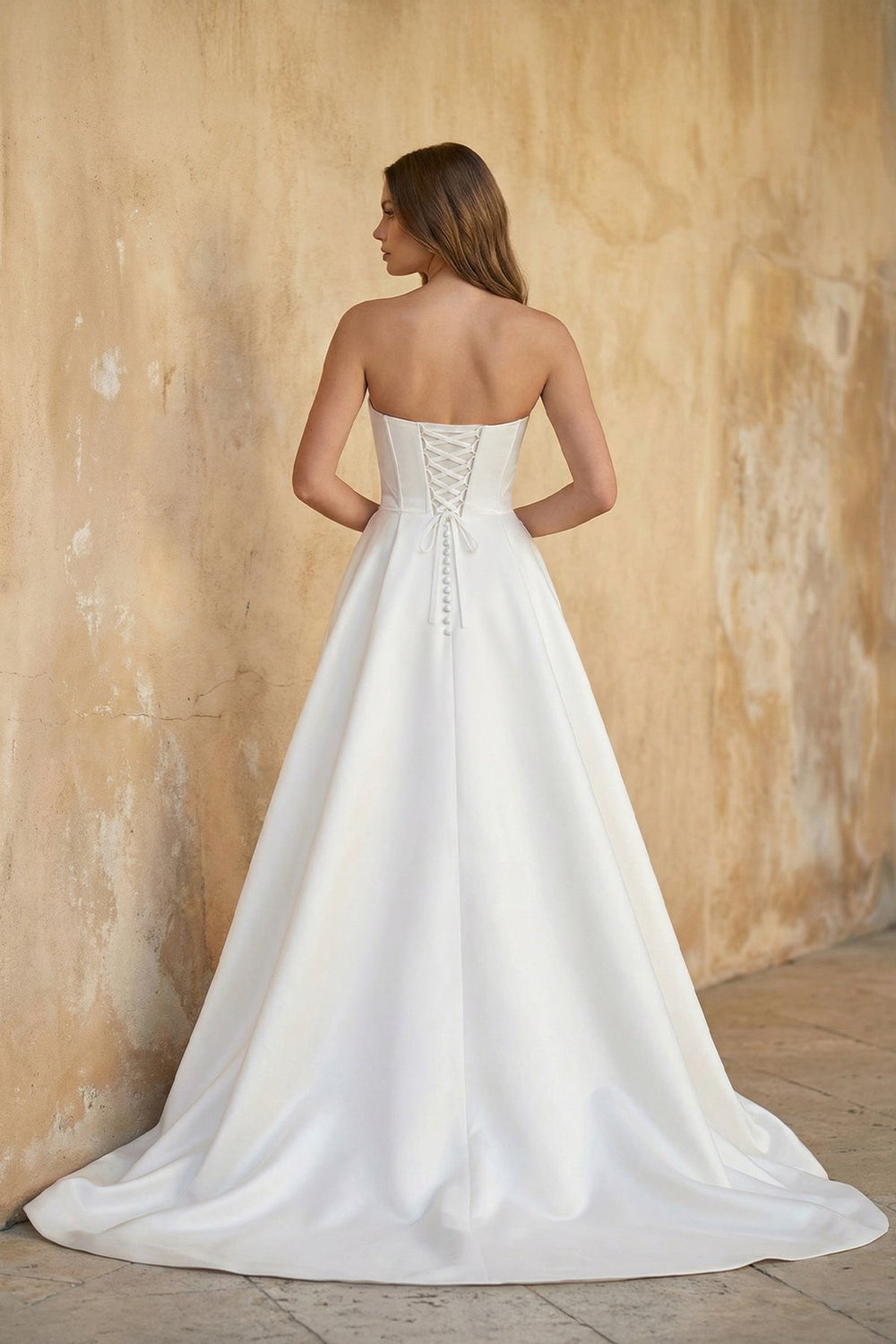 Strapless A Line Satin Wedding Dress With Slit in White