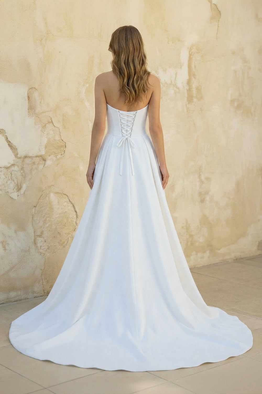 Strapless A Line Satin Wedding Dress With Slit in White