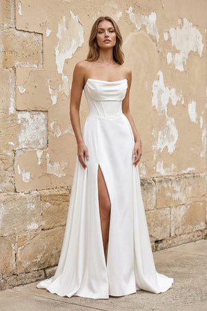 Strapless A Line Satin Wedding Dress With Slit in White - KISS BRIDAL Wedding Dresses