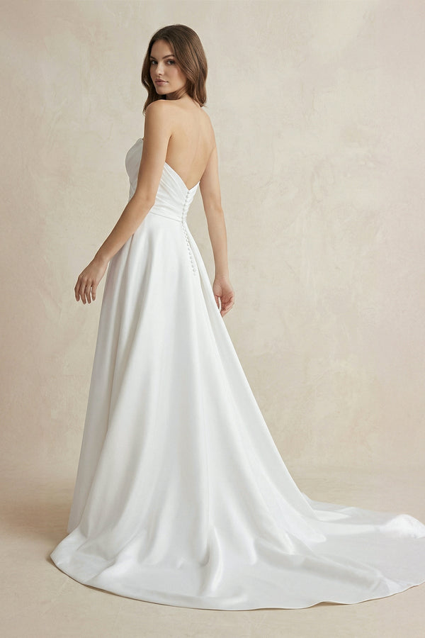 Strapless A Line Satin Wedding Dress With Slit in White - KISS BRIDAL Wedding Dresses