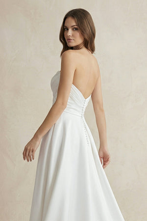 Strapless A Line Satin Wedding Dress With Slit in White - KISS BRIDAL Wedding Dresses