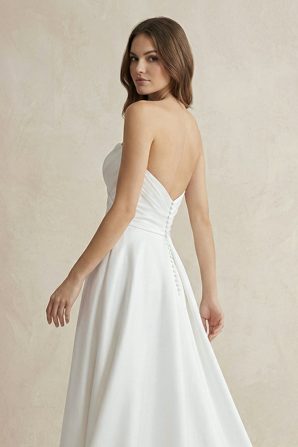 Strapless A Line Satin Wedding Dress With Slit in White - KISS BRIDAL Wedding Dresses