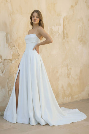 Strapless A Line Satin Wedding Dress With Slit in White - KISS BRIDAL Wedding Dresses