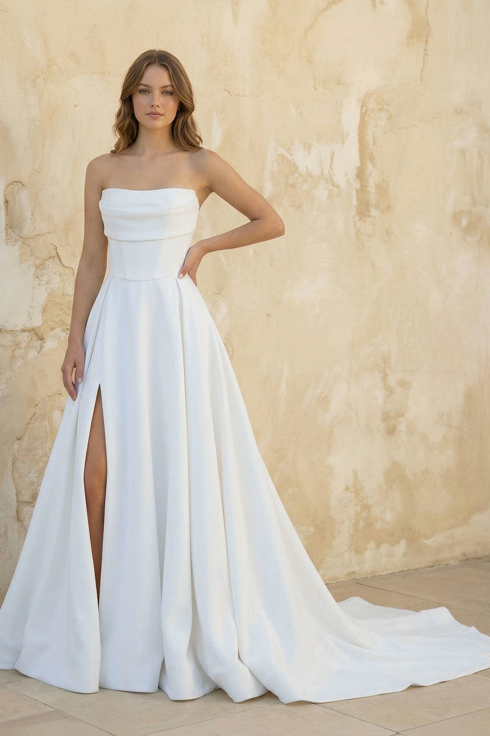Strapless A Line Satin Wedding Dress With Slit in White