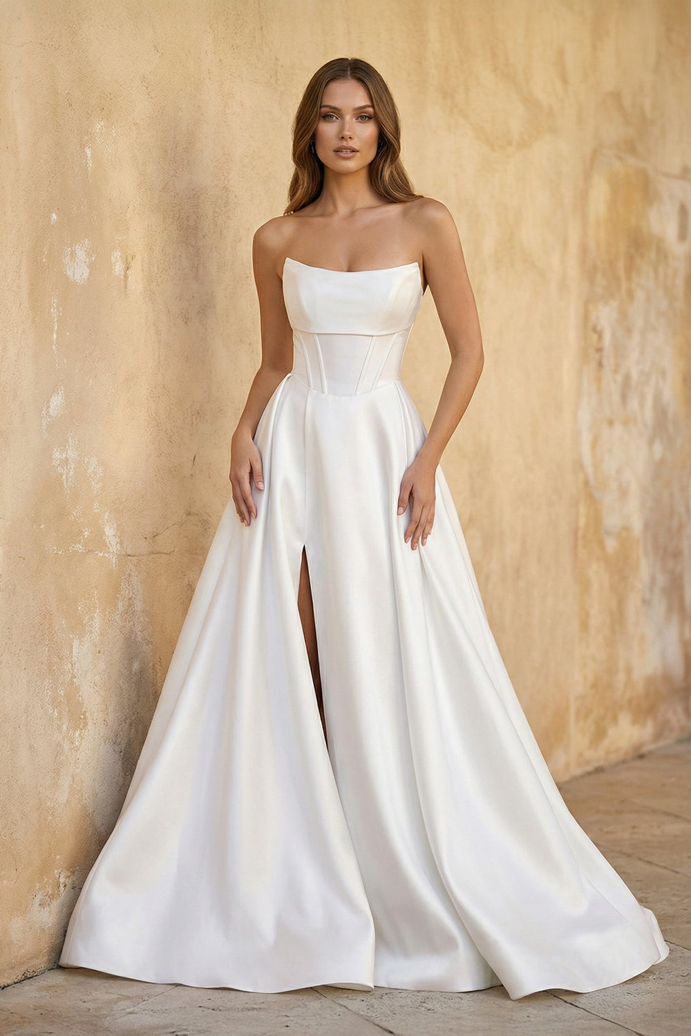 Strapless A Line Satin Wedding Dress With Slit in White