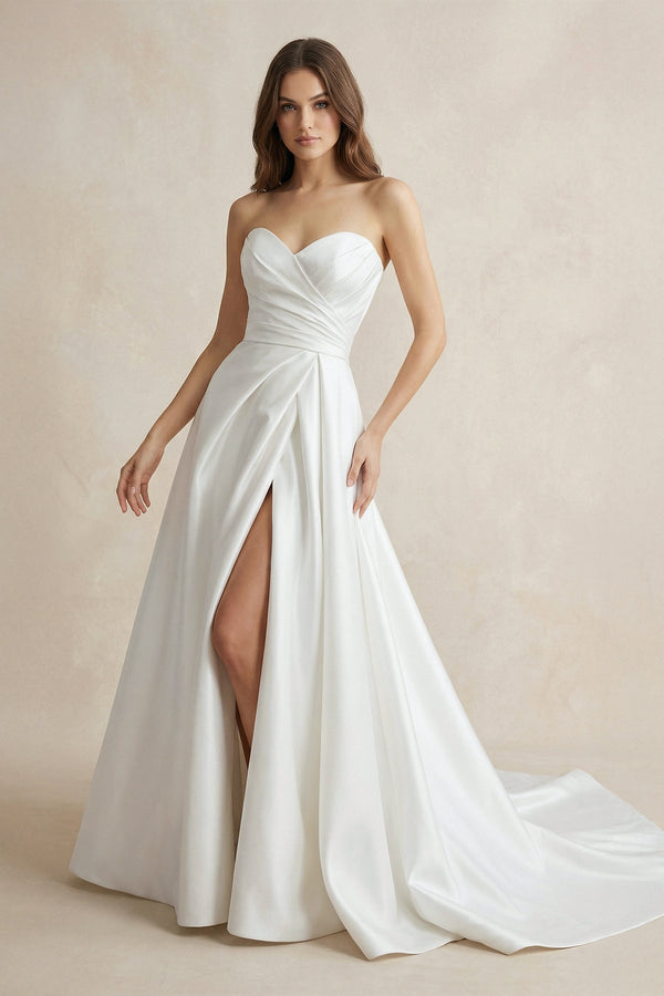 Strapless A Line Satin Wedding Dress With Slit in White - KISS BRIDAL Wedding Dresses