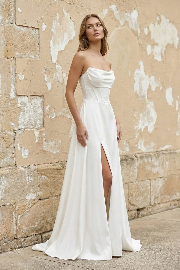 Strapless A Line Satin Wedding Dress With Slit in White - KISS BRIDAL Wedding Dresses