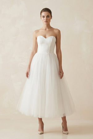 Strapless A Line Tulle Midi Wedding Dress in White - KISS BRIDAL Wedding Dresses