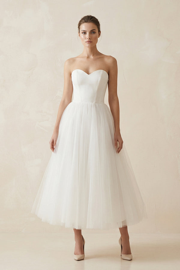 Strapless A Line Tulle Midi Wedding Dress in White - KISS BRIDAL Wedding Dresses