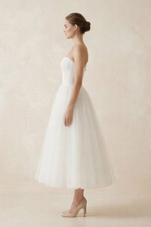 Strapless A Line Tulle Midi Wedding Dress in White - KISS BRIDAL Wedding Dresses