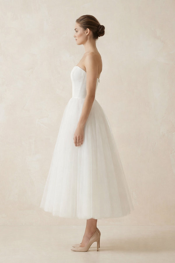 Strapless A Line Tulle Midi Wedding Dress in White - KISS BRIDAL Wedding Dresses
