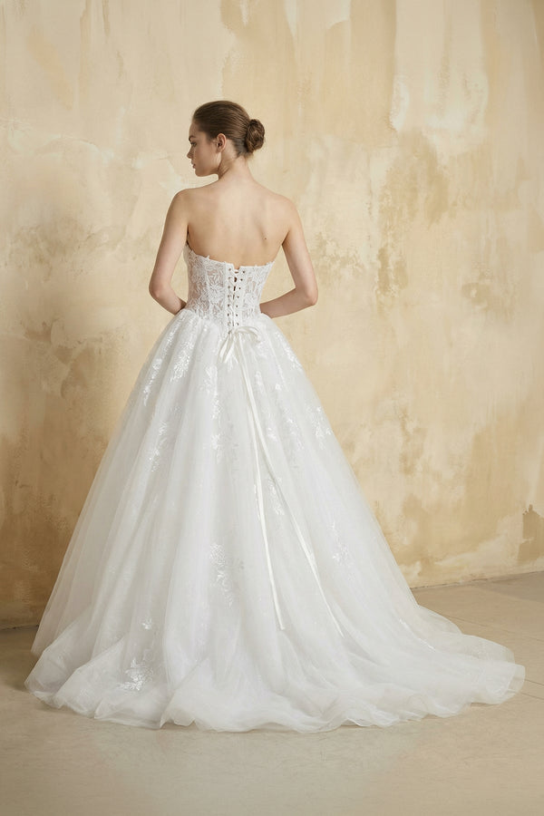 Strapless A Line Tulle Wedding Dress With Appliques in White - KISS BRIDAL Wedding Dresses